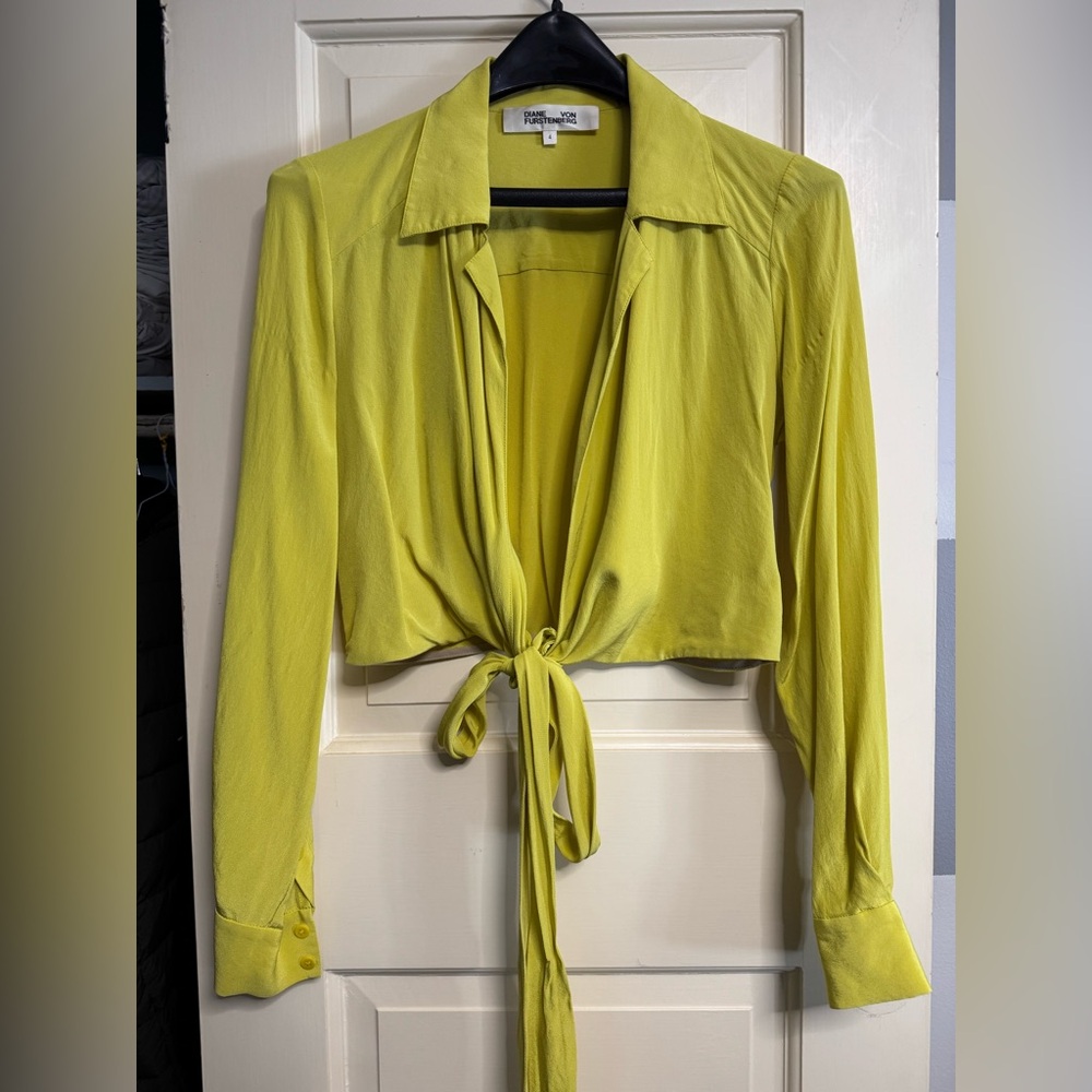 Diane Von Furstenberg Chartreuse Tie-Front Blouse